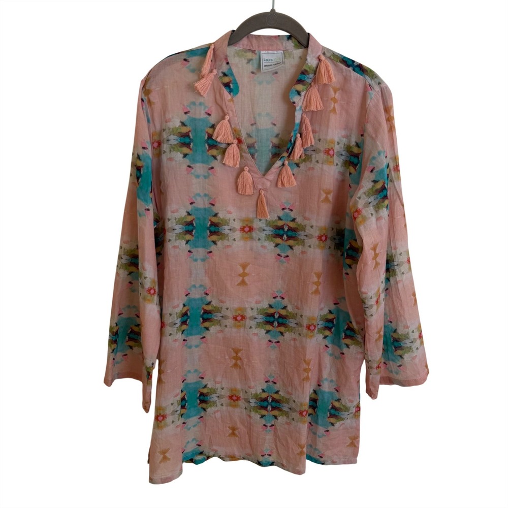 Laura Park Annie Selke Pink Abstract Tassel Cotton Tunic Top ML Womens